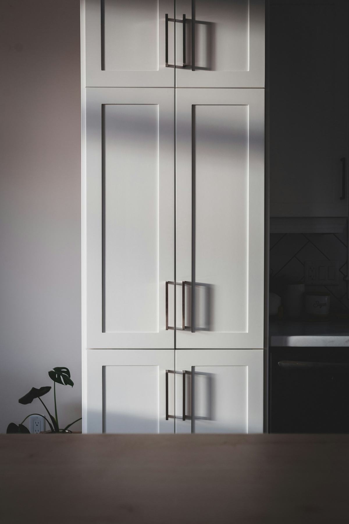 Tall white pantry cabinet with paneled doors and long pulls.